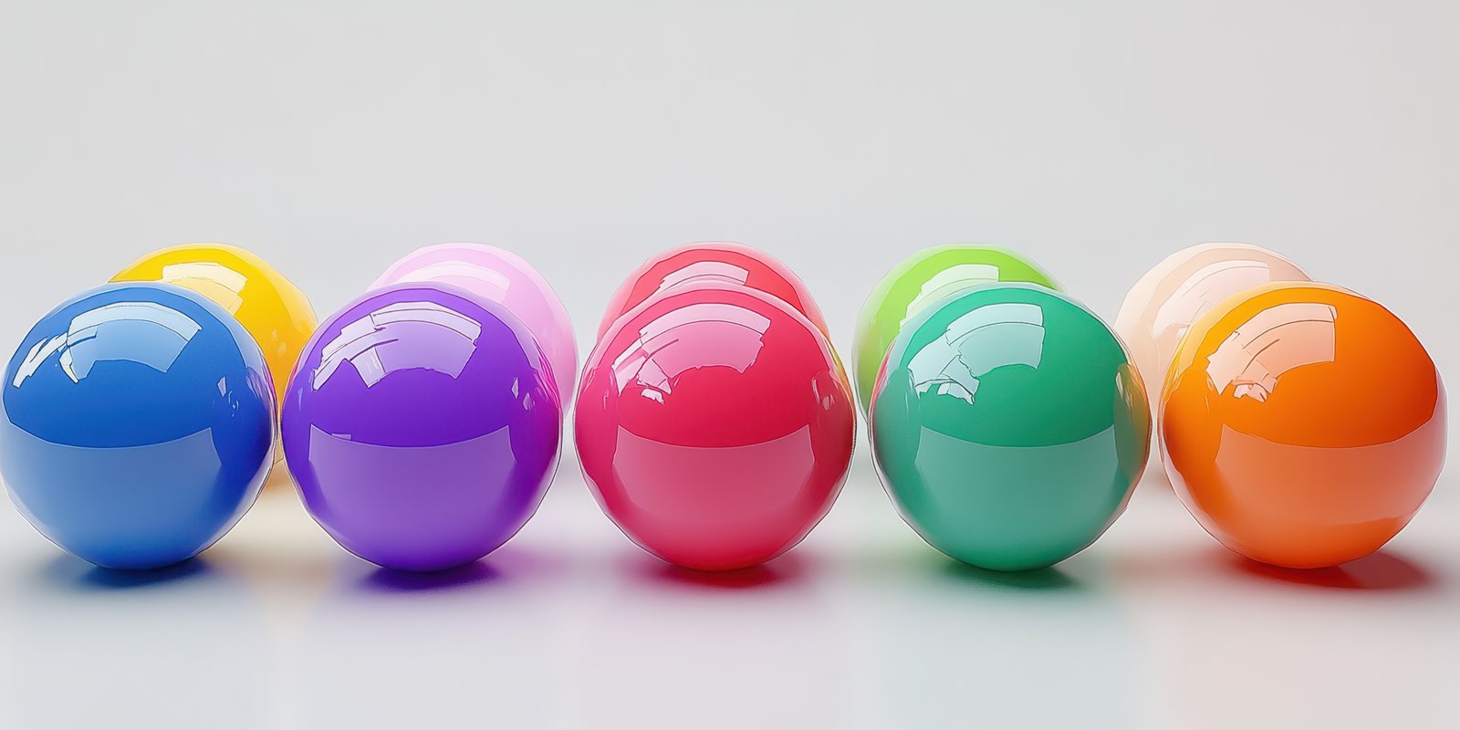 Colorful round objects arranged in a line showcasing vibrant hues on a smooth surface